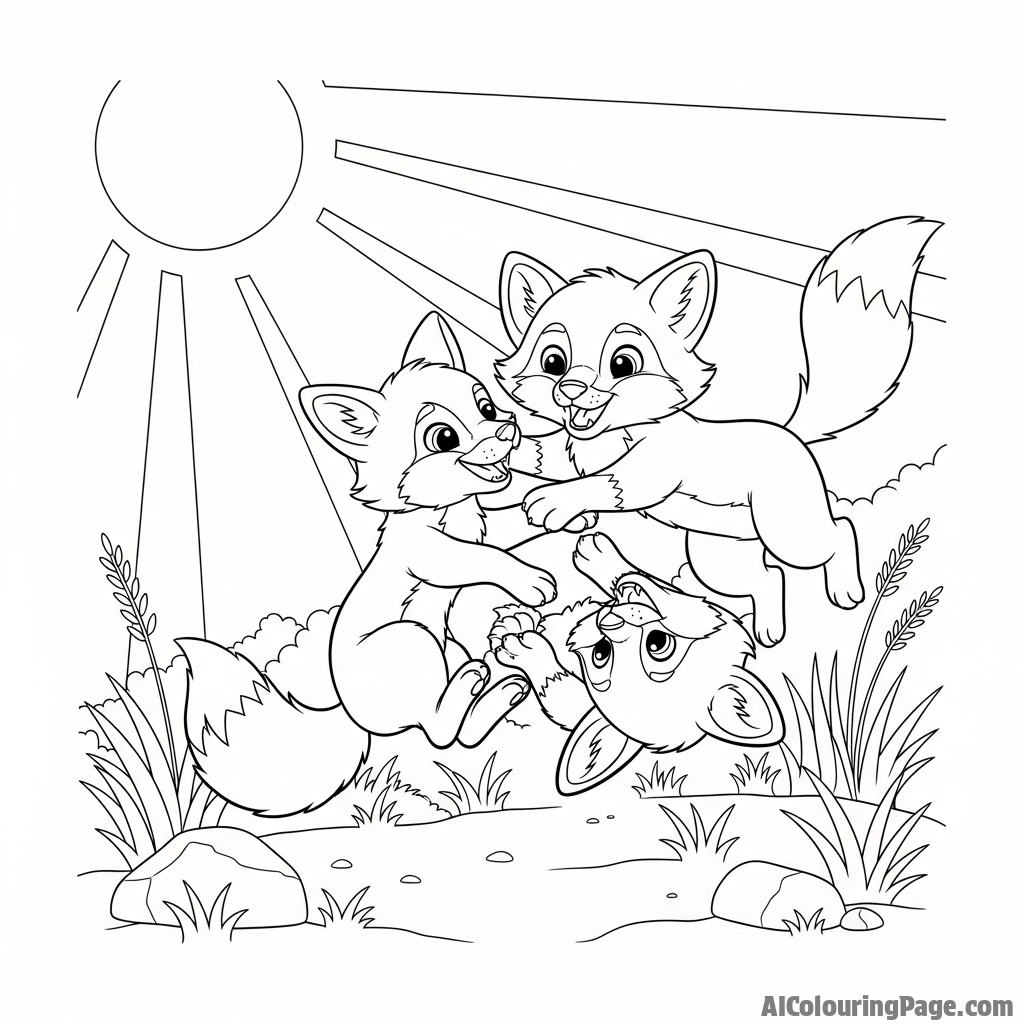 Two fox kits play-fighting, tumbling over each other in a sunlit meadow.