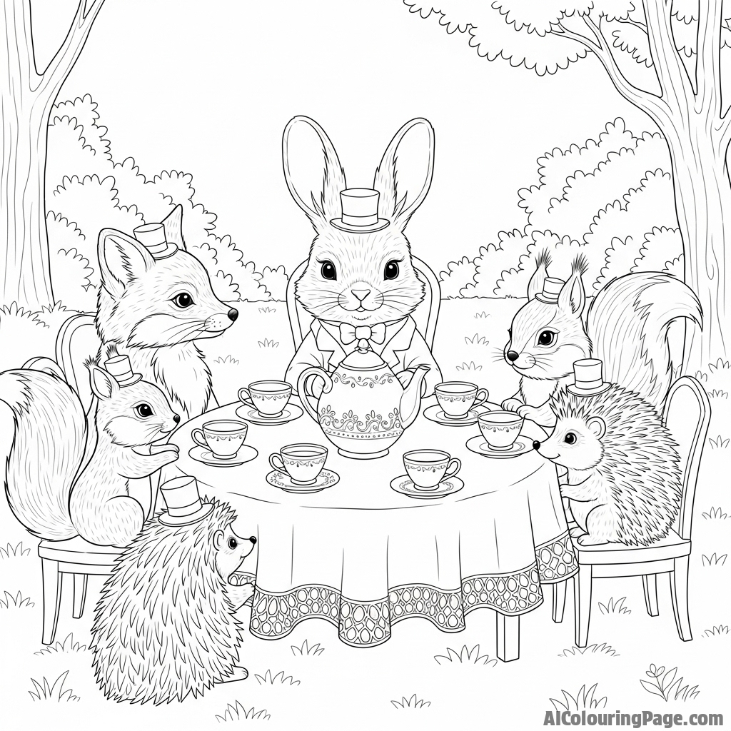 A bunny at a formal tea party with other woodland creatures, all wearing tiny top hats.