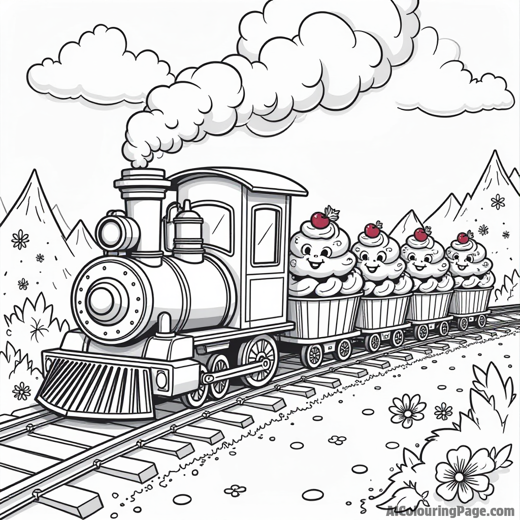 A cupcake train chugging along a dessert landscape, carrying cupcakes in colorful carriages, with happy animals waving.