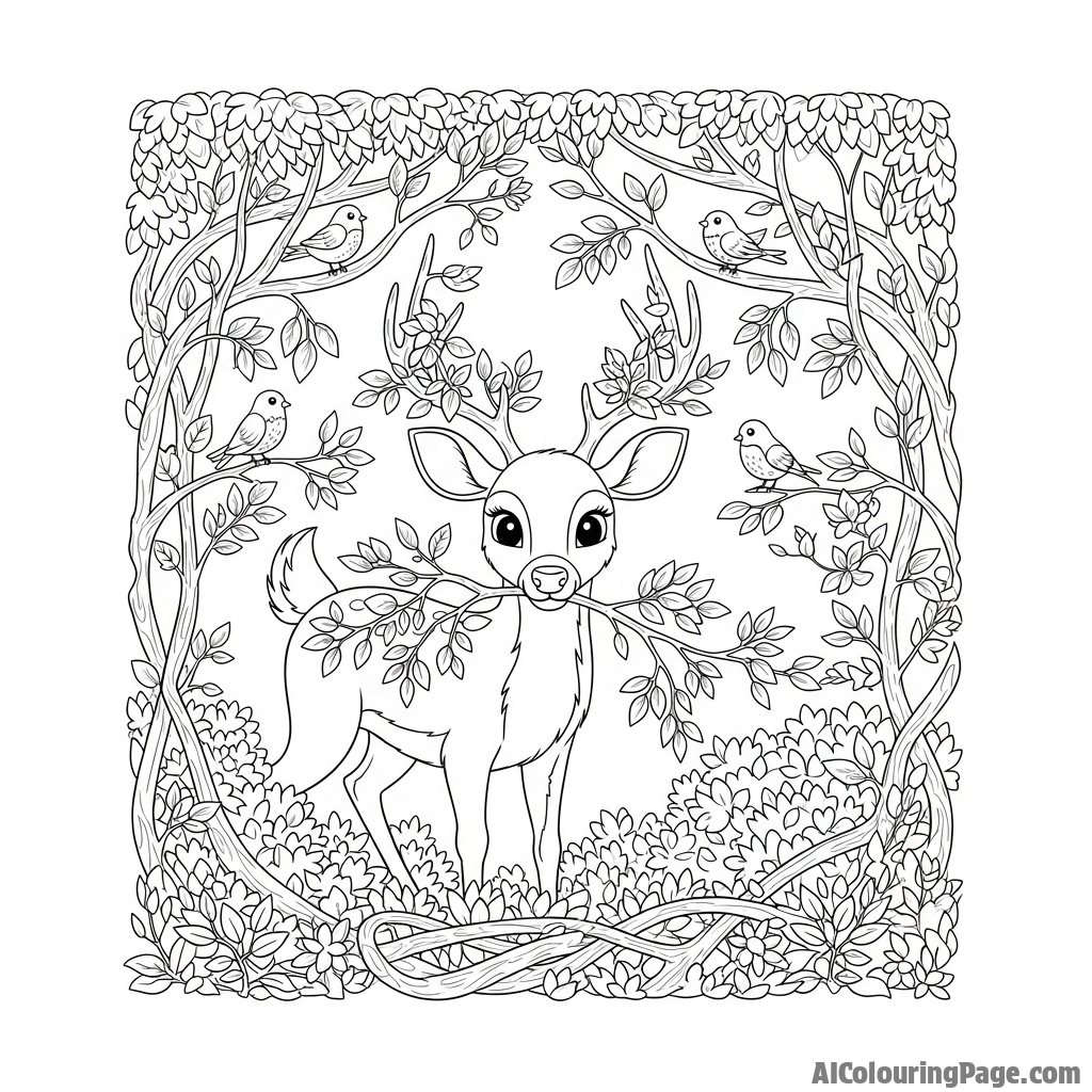 A deer nibbling on low-hanging branches in a dense thicket.