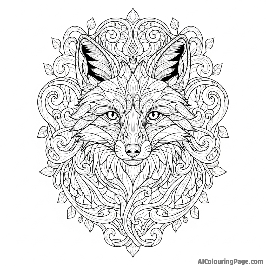 A fox face emerging from intricate, swirling patterns in a wood carving.
