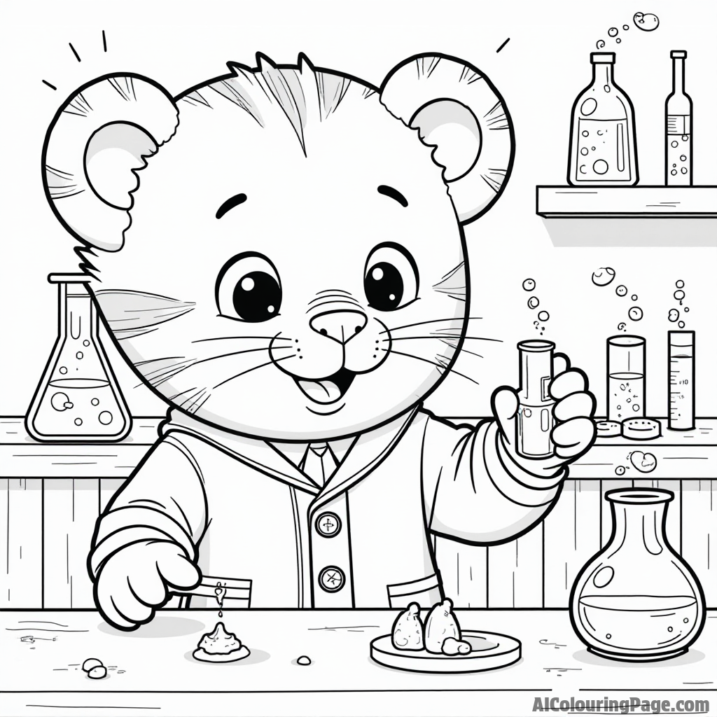 Daniel Tiger exploring a science lab with beakers, colorful liquids, and fun experiments creating a world of discovery.