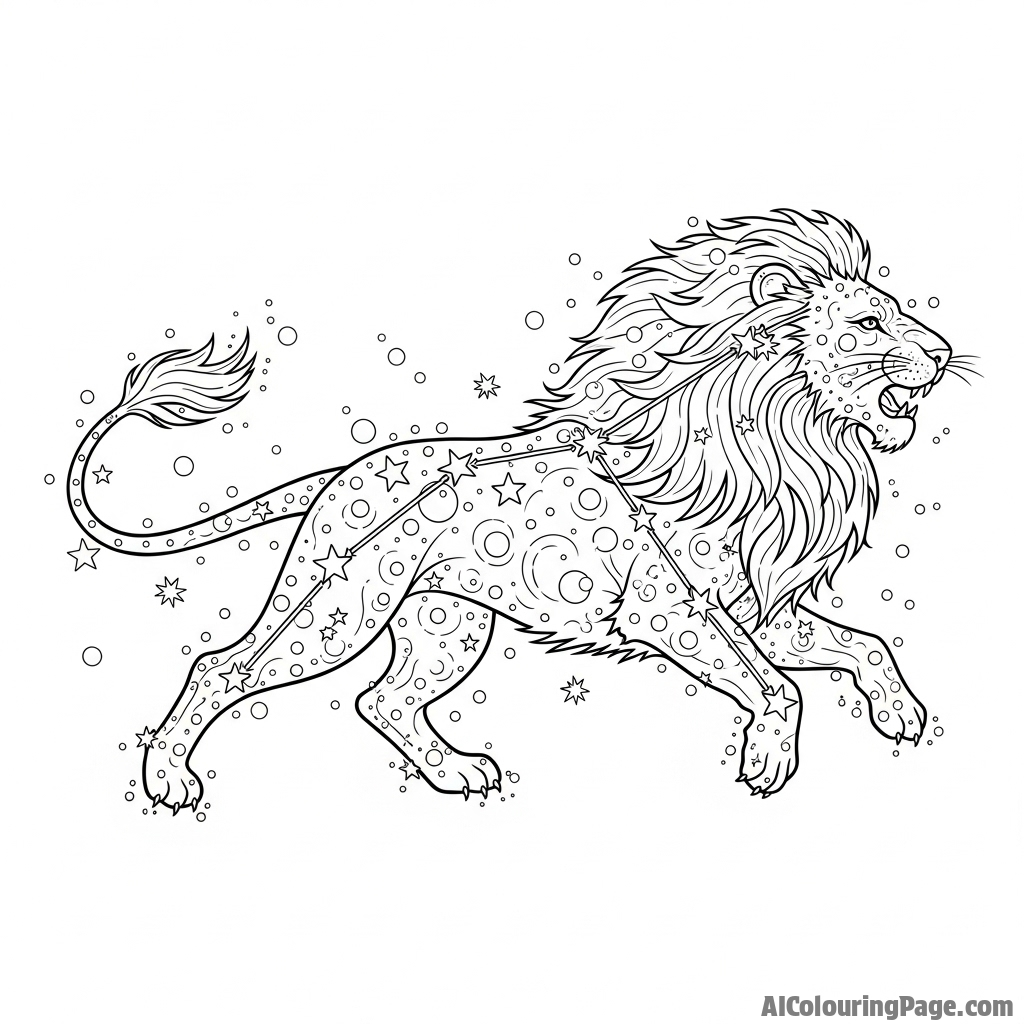 A celestial lion constellation made of shimmering stardust in the vast night sky.
