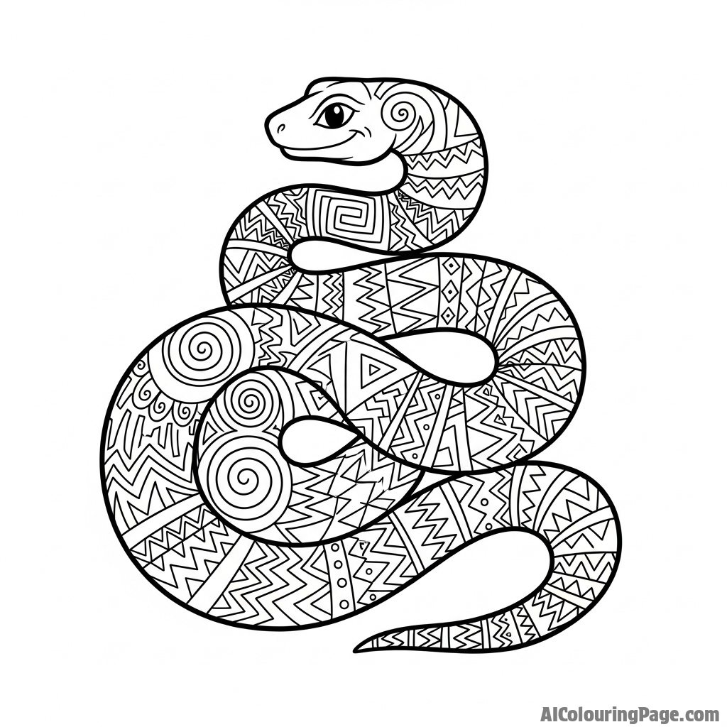 Intricate tribal tattoo design of a coiled serpent with geometric patterns.