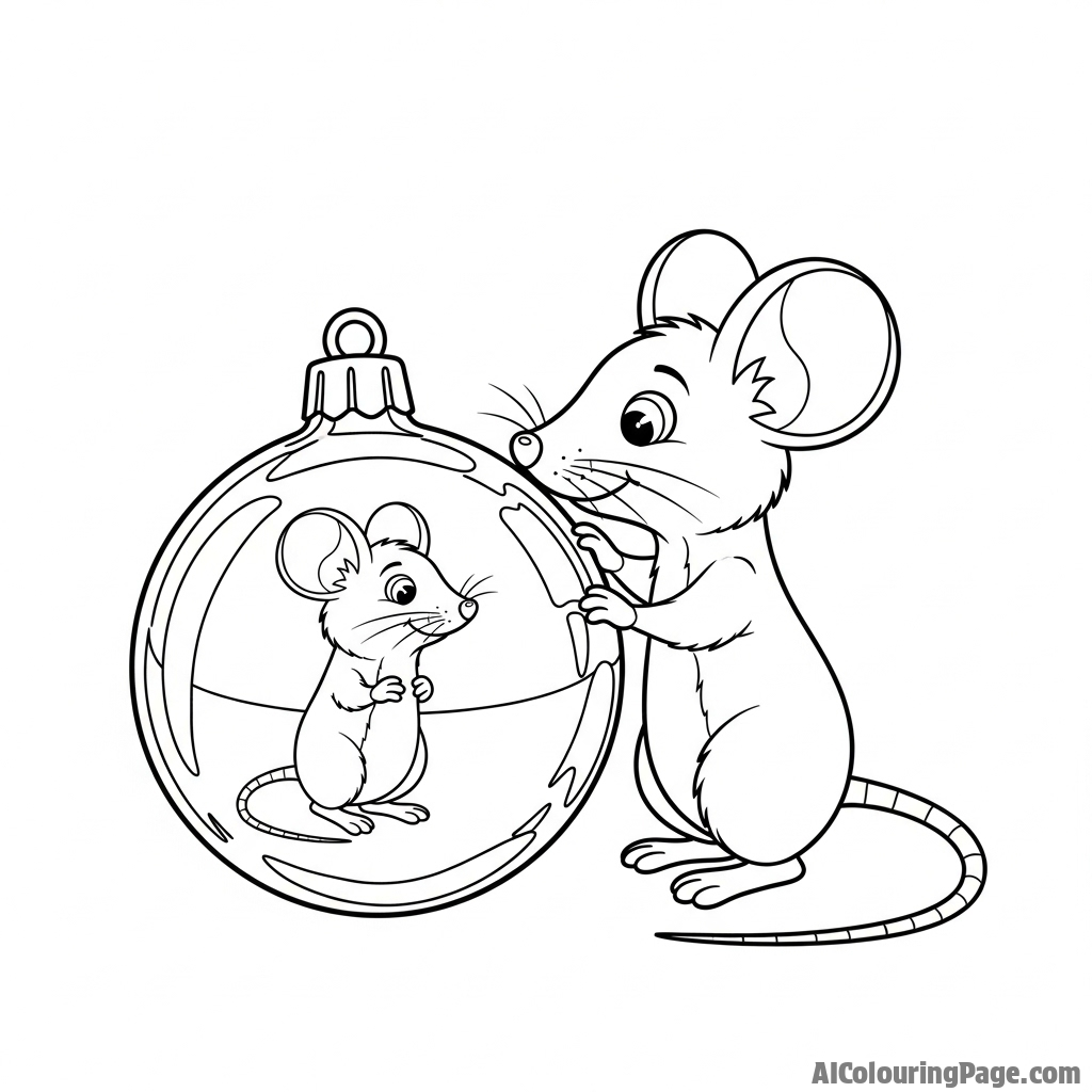 A mouse looking at its distorted reflection in a shiny, metallic bauble.