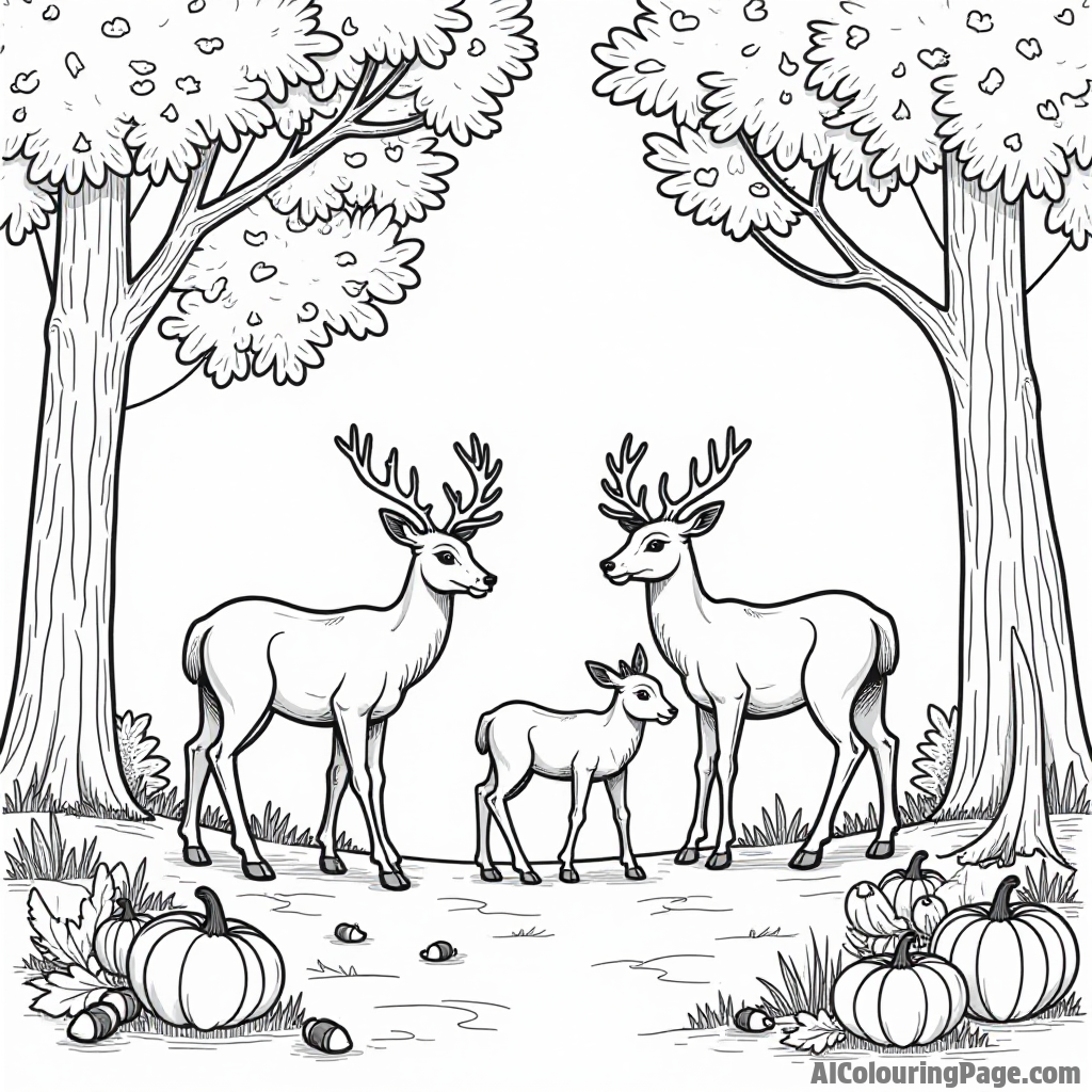 A family of deer grazing in a forest clearing filled with colorful leaves, acorns, and small pumpkins on the ground