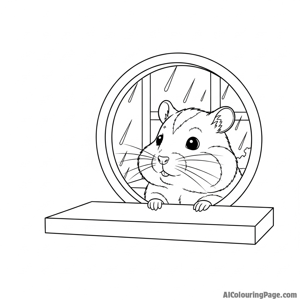 A hamster looking out a tiny window on a rainy day