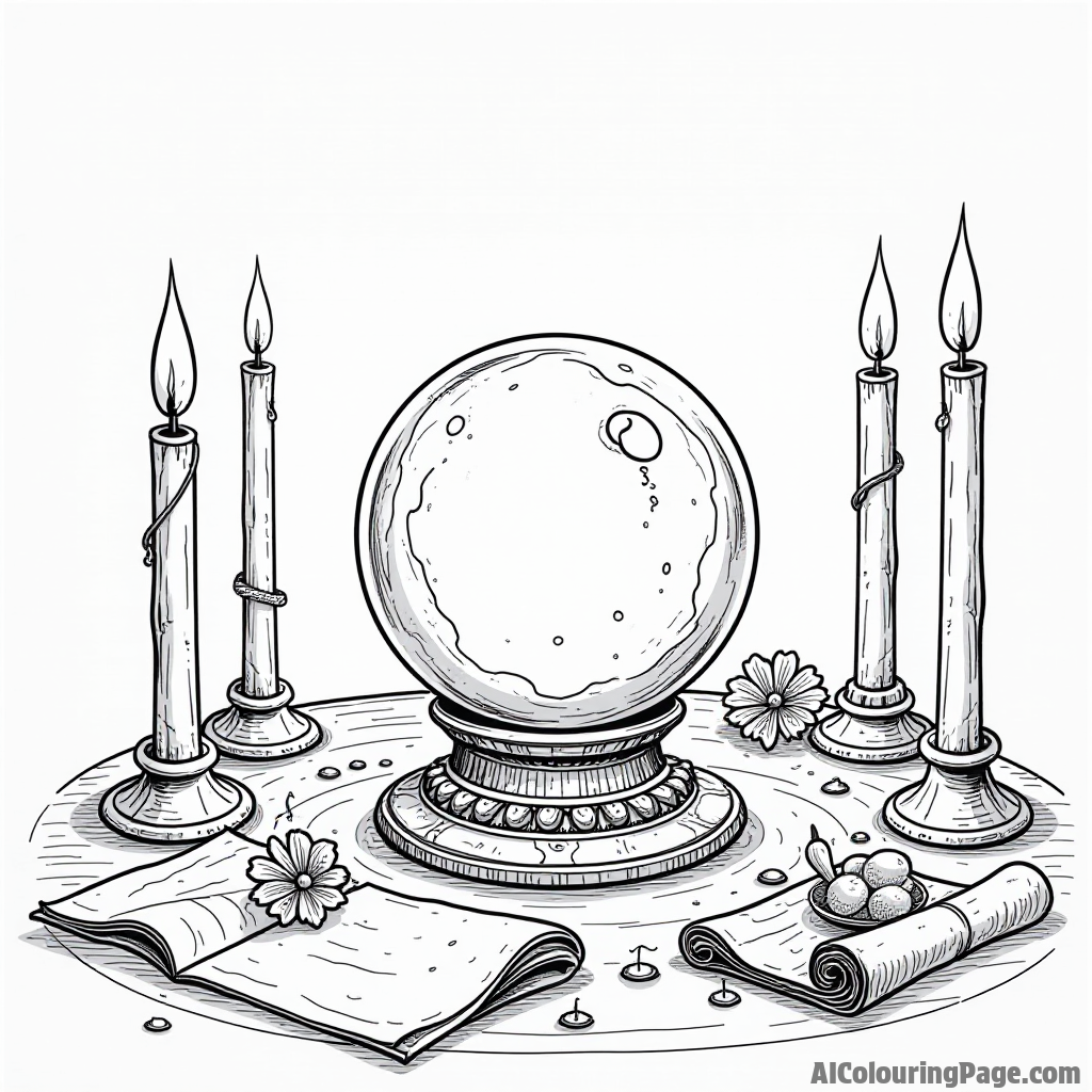 A magical crystal ball sitting on a table surrounded by candles, spell ingredients, and ancient scrolls.