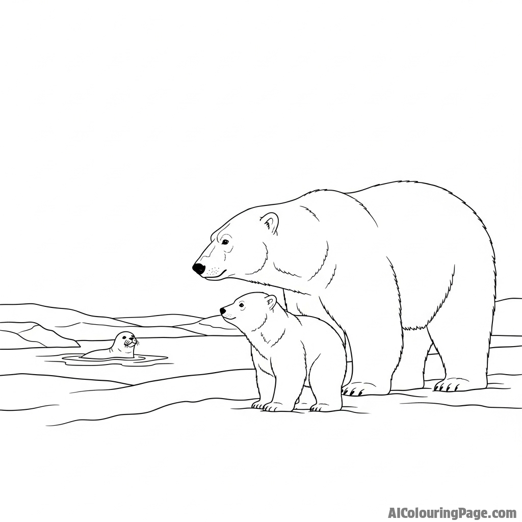 A tender scene of a mother polar bear teaching her cub to hunt.