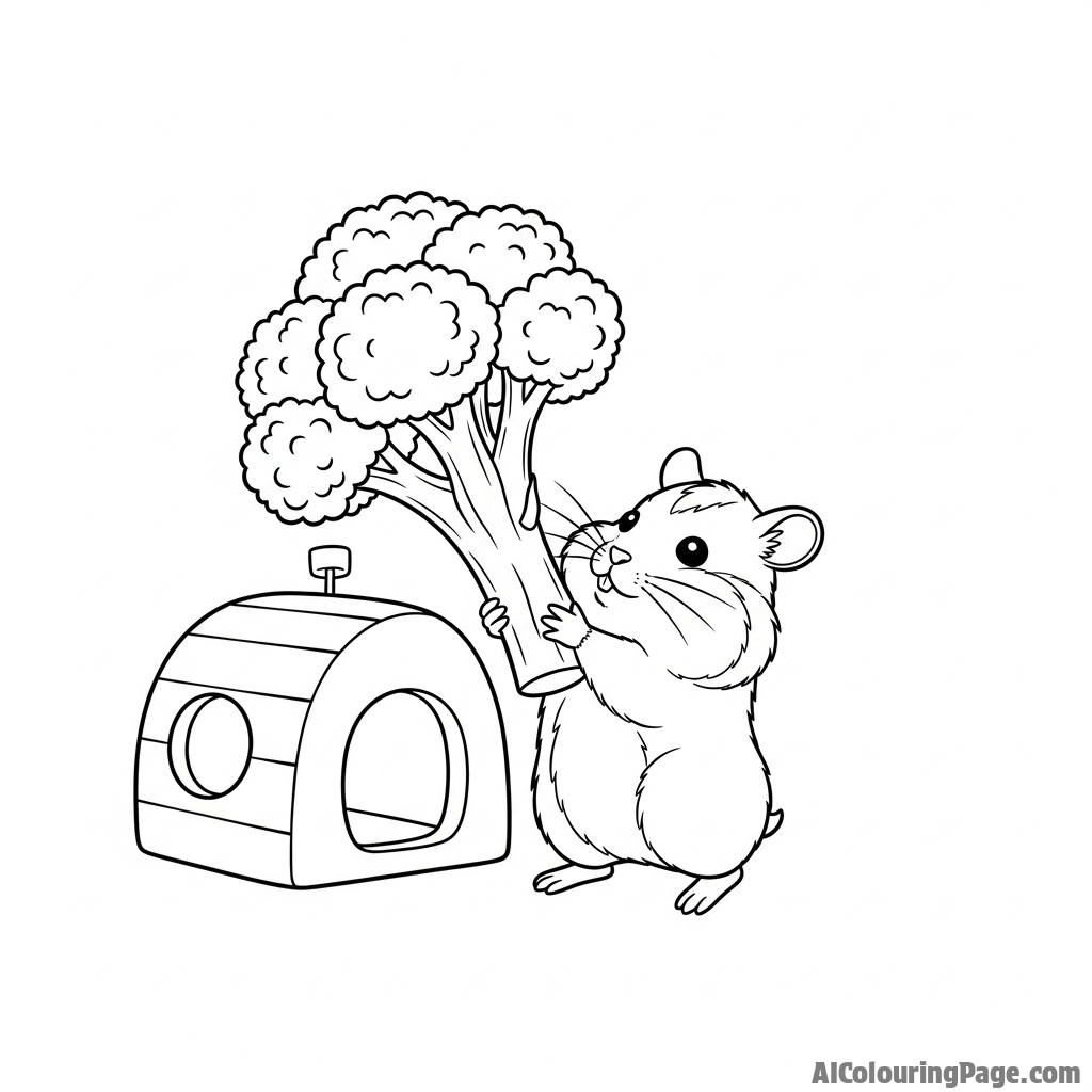 A hamster trying to pull a large piece of broccoli into its house