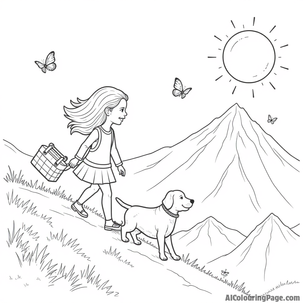 A girl and her dog climbing a mountain, with a bright sun shining down, a picnic basket in tow, and butterflies fluttering around, creating a joyful coloring adventure.