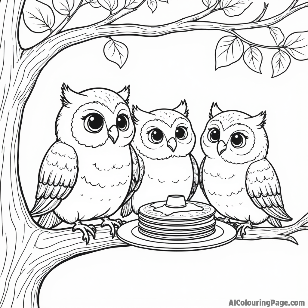 A family of owls enjoying a pancake brunch on a tree branch with pancakes, syrup, and orange juice