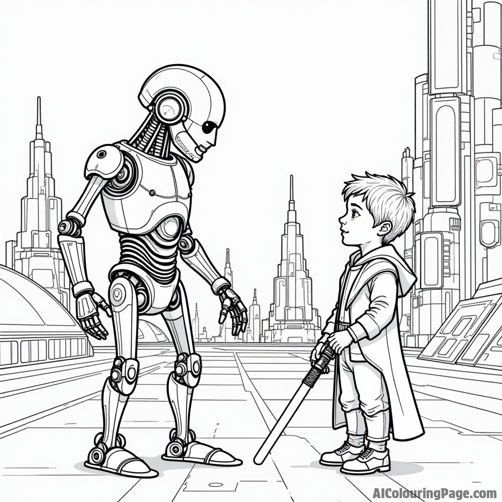 A wise old droid giving advice to a young human with a lightsaber, in a futuristic city filled with towering buildings.