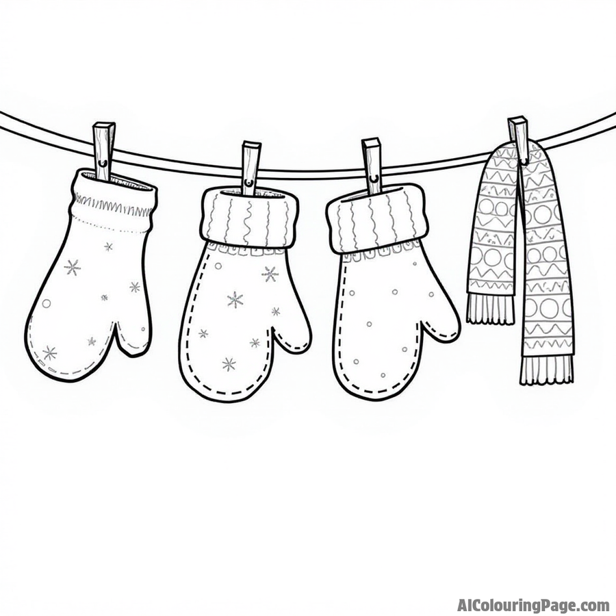 Mittens and scarves hanging on a line