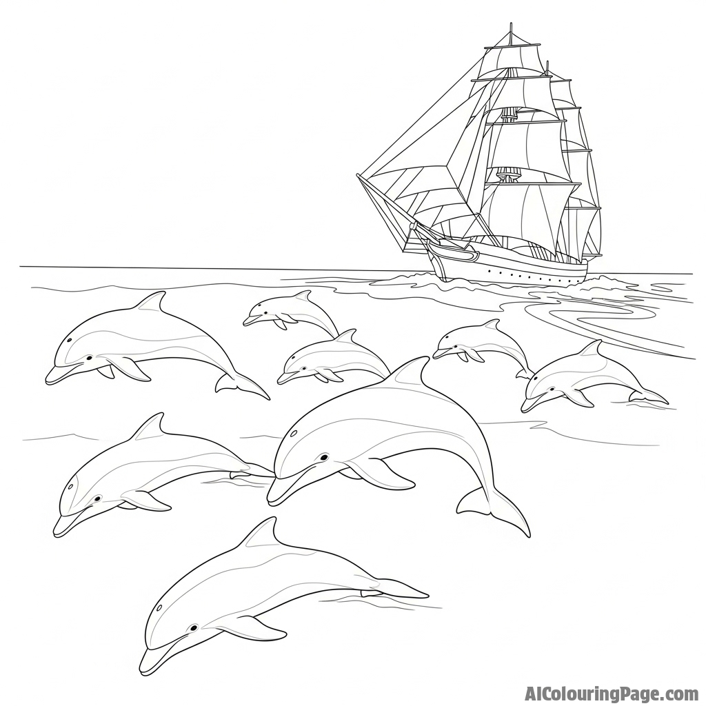 A pod of dolphins bow-riding in the wake of a large sailing vessel.