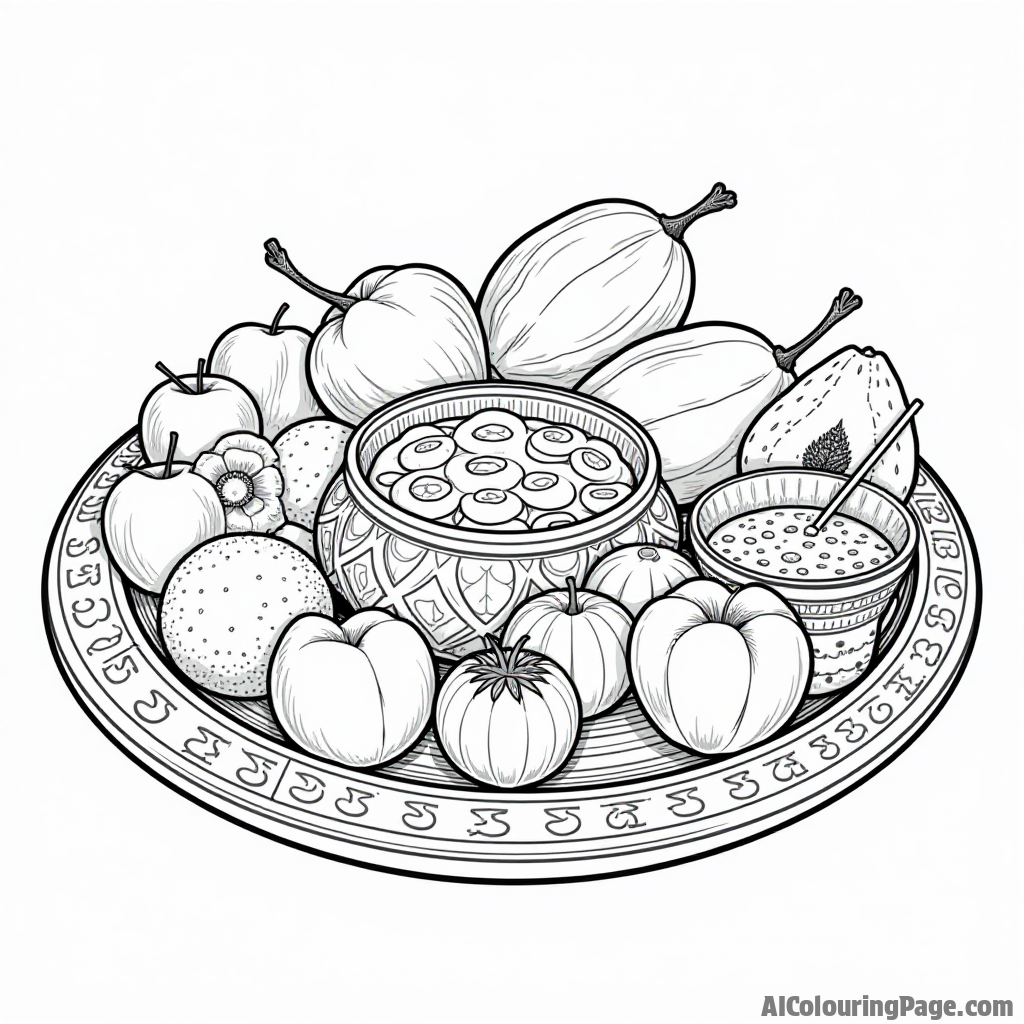 A decorative plate filled with assorted fruits and sweets for iftar, symbolizing gratitude and sharing during Ramadan celebrations. Festivals and Traditions Coloring Sheets.