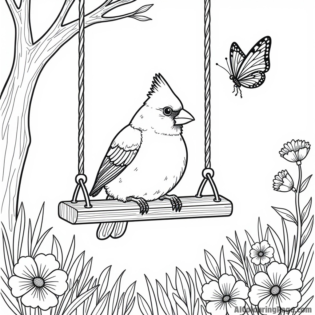 A cardinal sitting on a swing with a butterfly friend, set against a garden of flowers for colorful creativity.