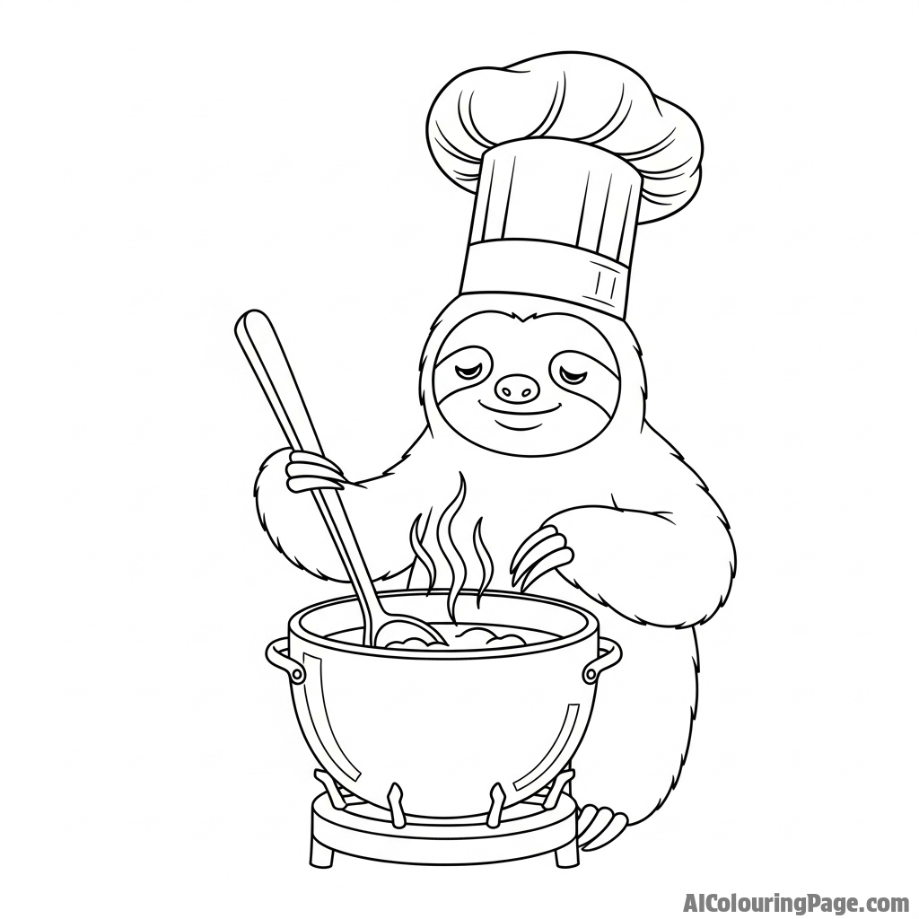 A sloth chef in a tall hat, very slowly stirring a large pot.