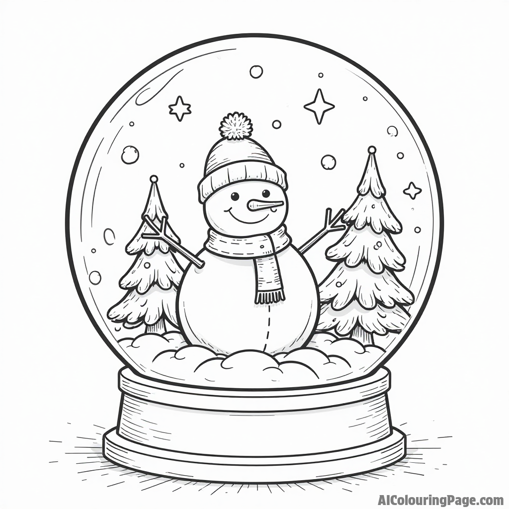 A cheerful snow globe with a winter scene inside, featuring a snowman, trees, and falling snowflakes for a magical touch.