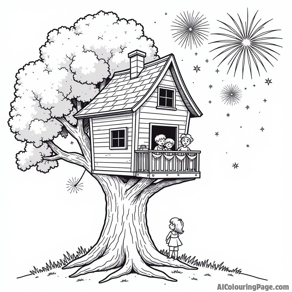 A treehouse decorated with red, white, and blue bunting, with children peeking out and enjoying fireworks in the sky during a 4th of July night.