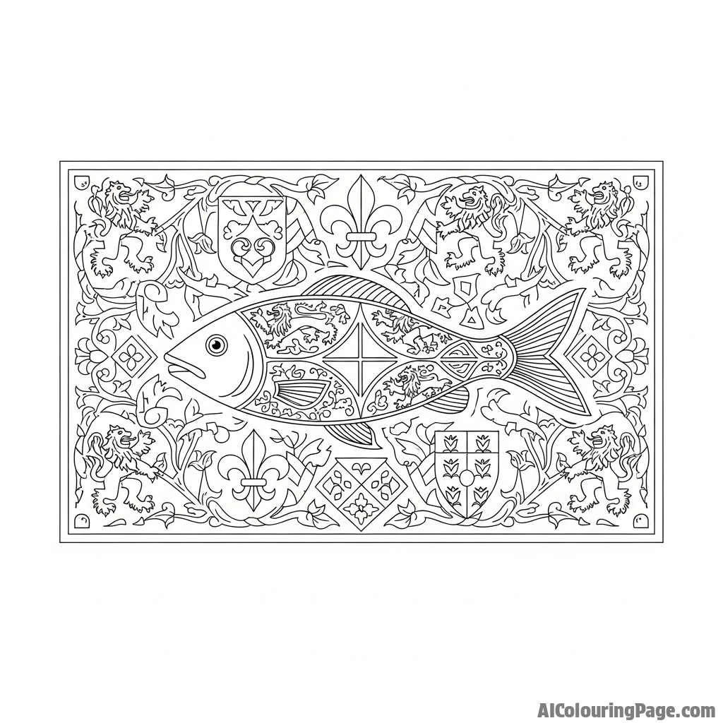 A fish woven into an intricate medieval tapestry.