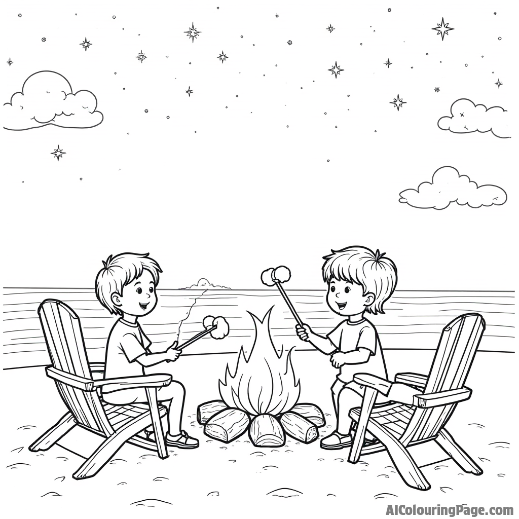 A beach bonfire night with children roasting marshmallows, a starry sky overhead, and beach chairs surrounding the fire.