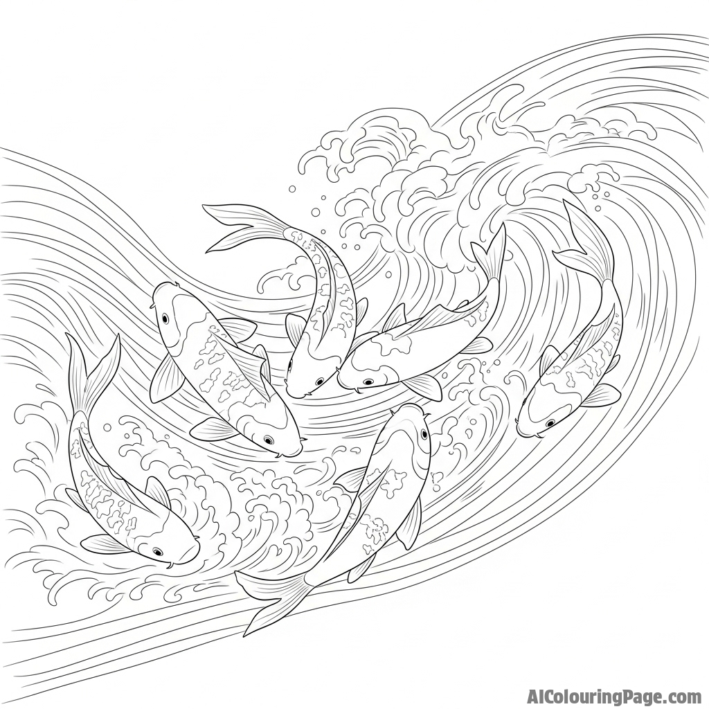 Sumi-e ink wash painting of a school of koi swimming against a powerful current.