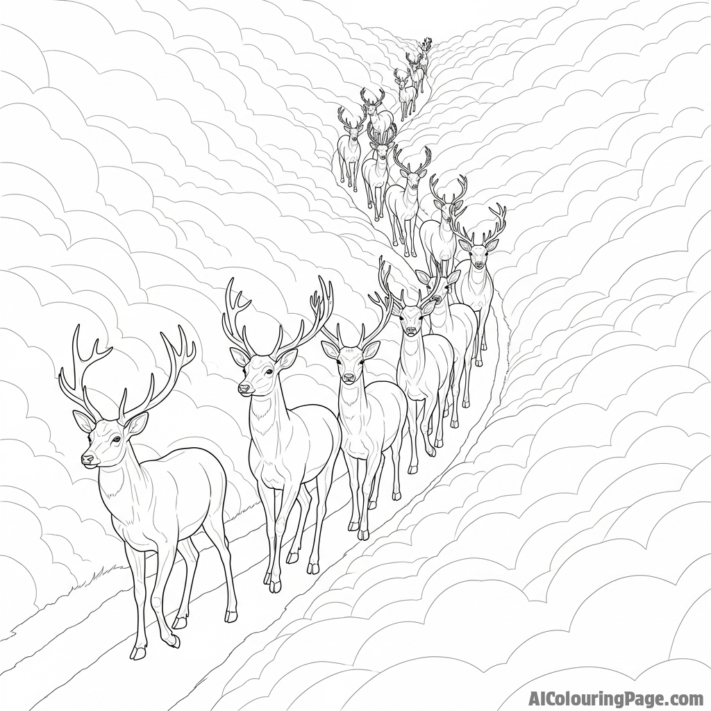 A herd of deer moving in single file through a narrow, misty path.