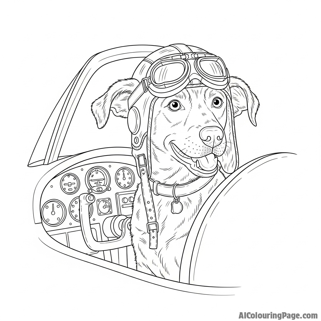 A dog in a pilot's helmet and goggles, sitting in a vintage airplane cockpit.