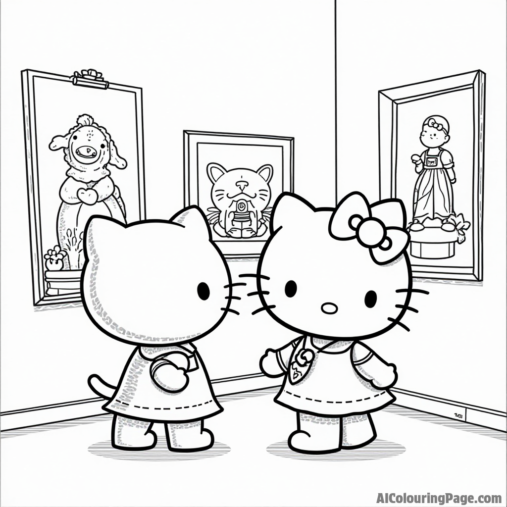 Hello Kitty visiting an art gallery with colorful paintings, a sculpture, and her friend admiring the art