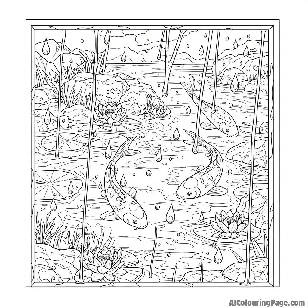 A koi pond viewed through a window pane streaked with rain.