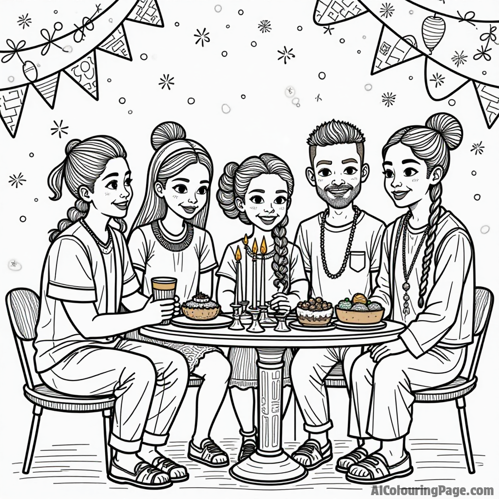 A group of friends enjoying Kwanzaa celebrations, wearing traditional African attire, surrounded by colorful decorations, creating a lively and engaging coloring sheet for children.