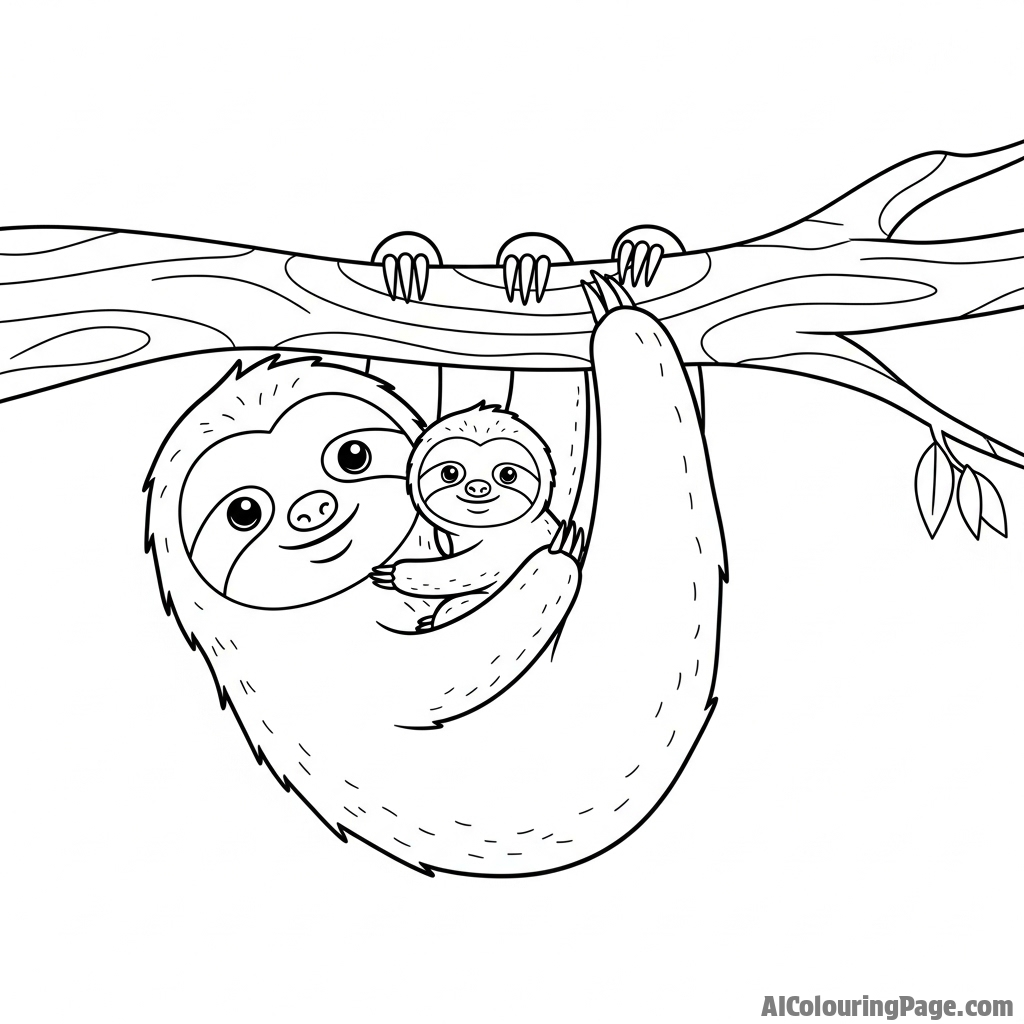 A baby sloth clinging to its mother as they hang upside down from a branch.
