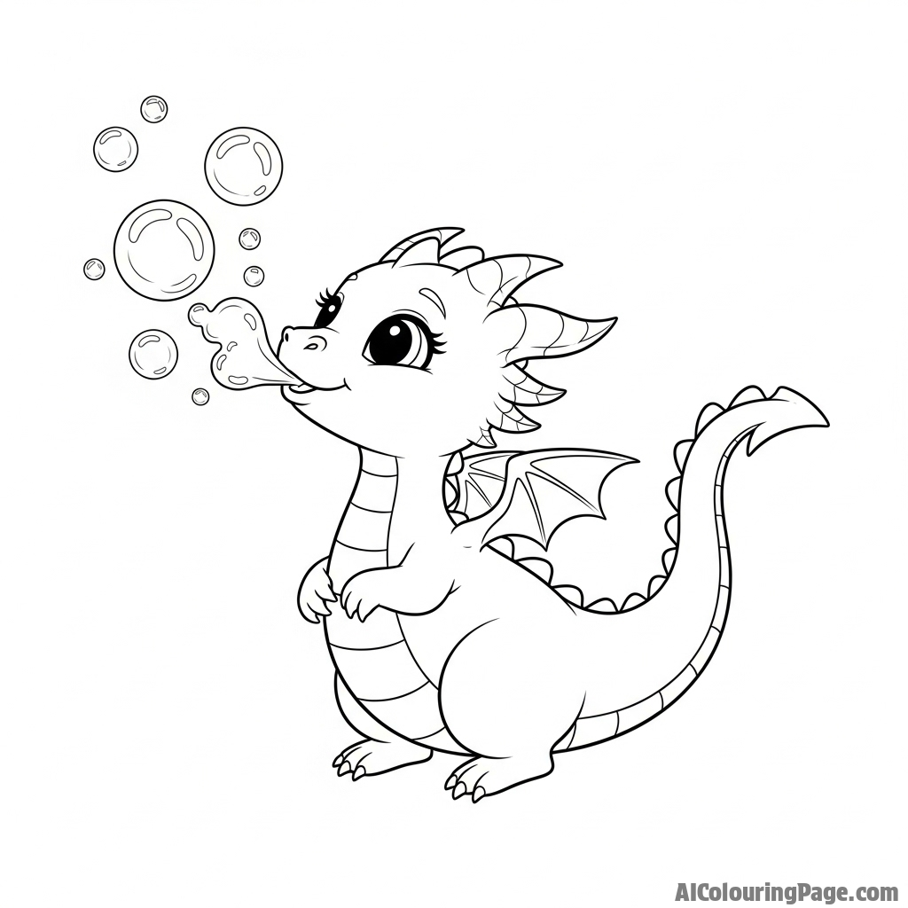 A whimsical dragon blowing shimmering bubbles instead of fire.