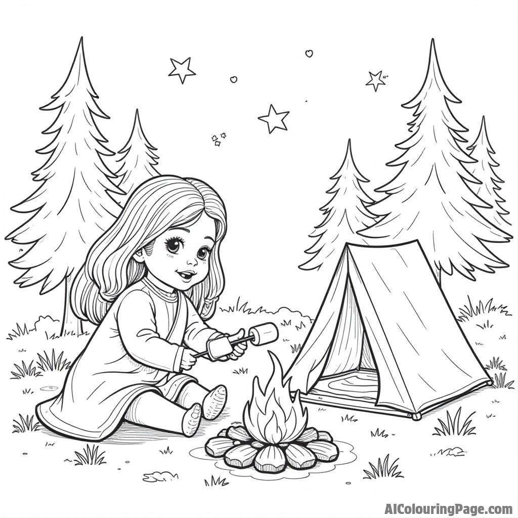 A doll camping in the woods with a tent, roasting marshmallows over a campfire, and stars twinkling above.