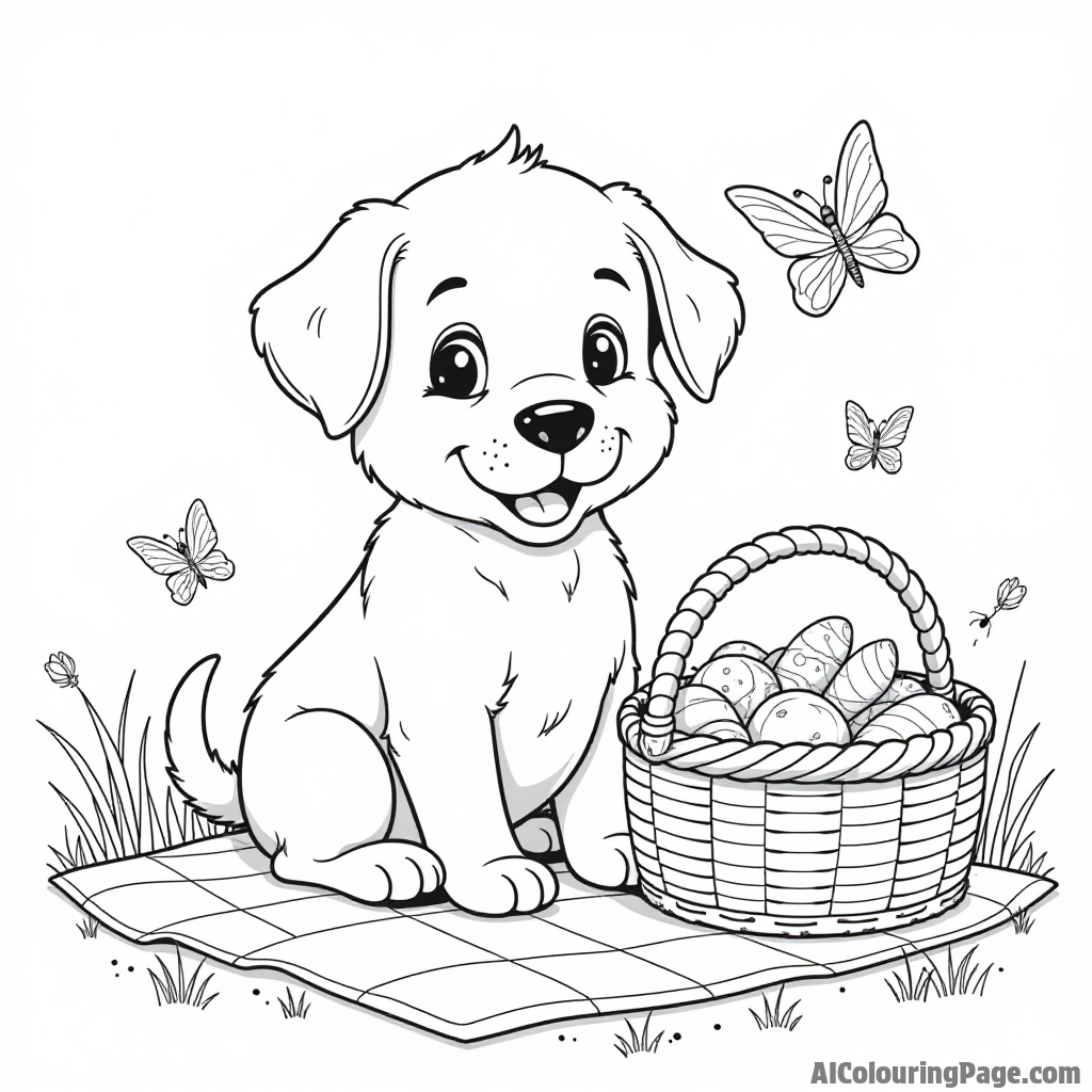 A puppy at a picnic with a basket full of snacks, surrounded by a checkered blanket, ants, and butterflies fluttering by.