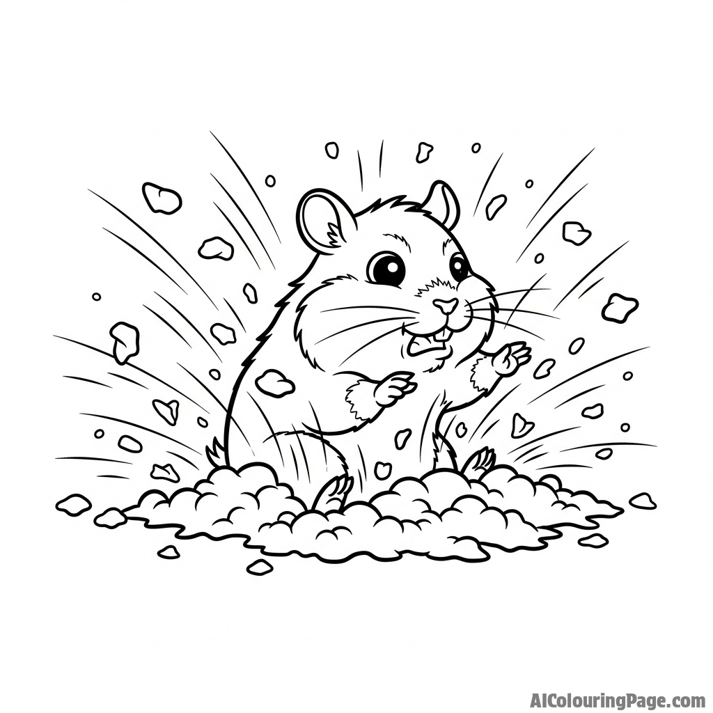 A hamster digging furiously, sending bedding flying everywhere