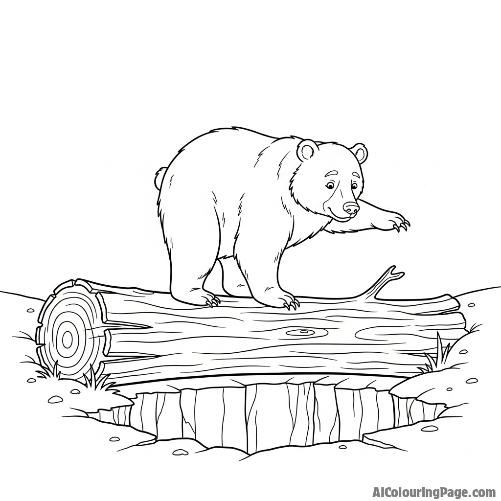 A bear gracefully balancing on a fallen log that bridges a chasm.