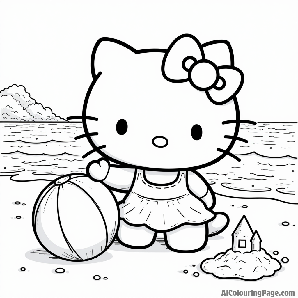 Hello Kitty playing with a beach ball on the sandy shore with waves crashing and a sandcastle nearby