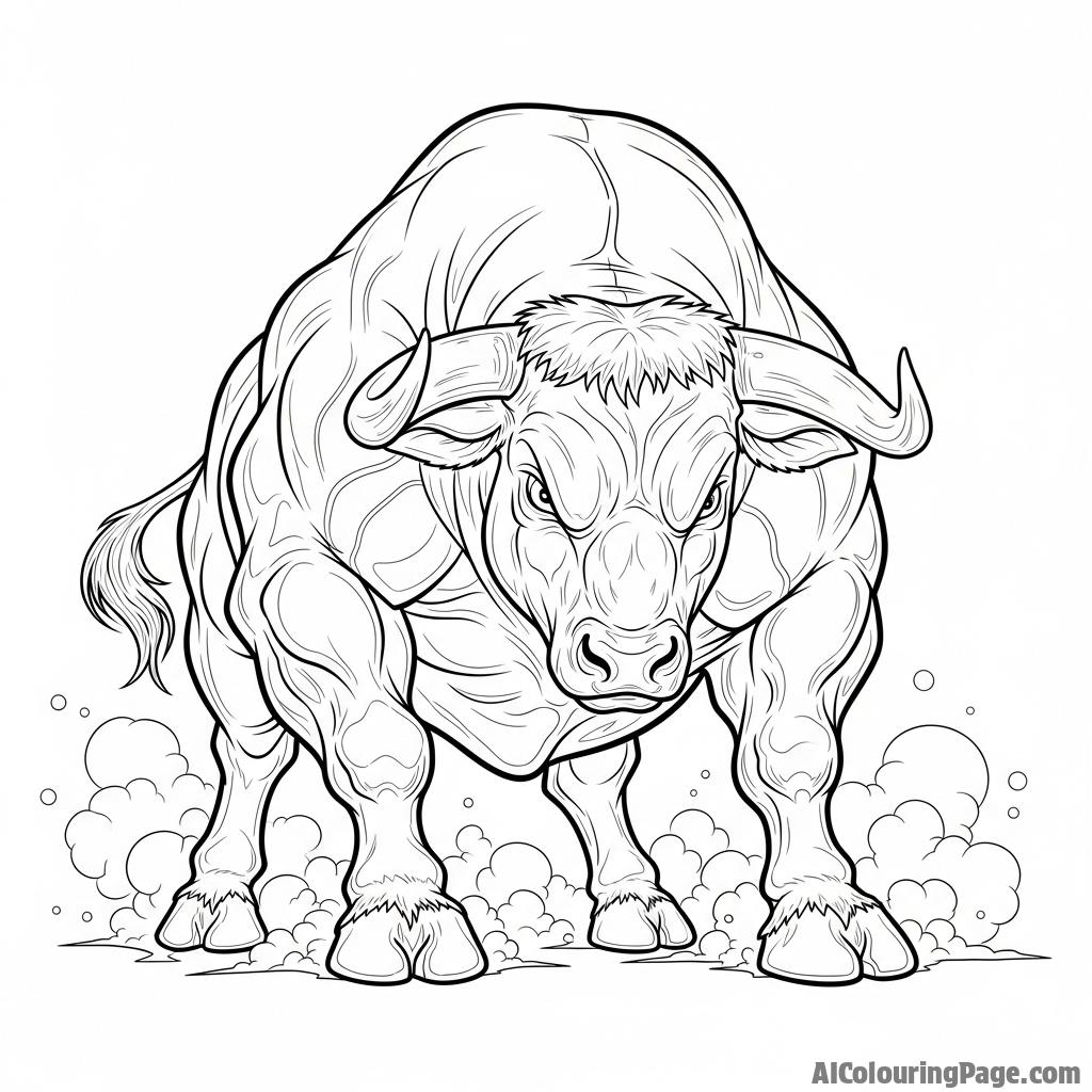 A powerful bull, muscles tensed, dust rising from its hooves