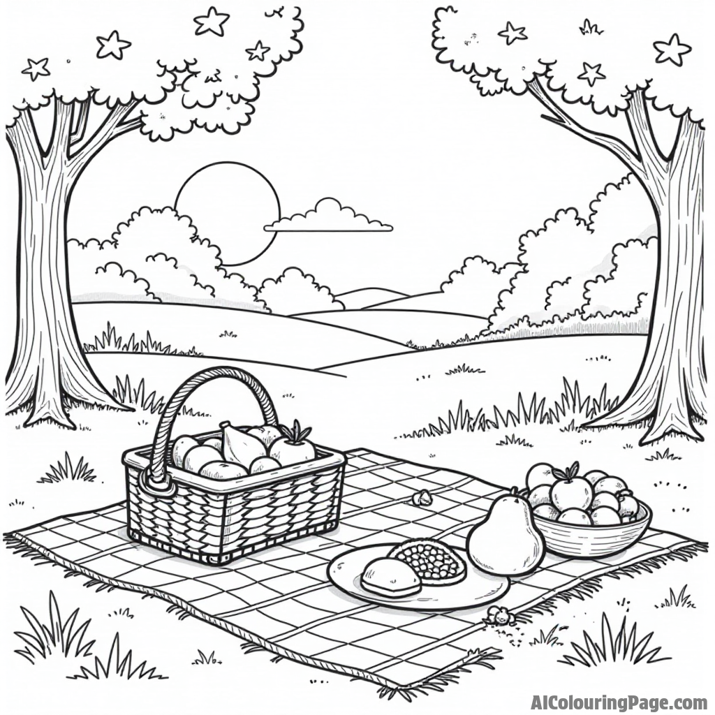 A delightful picnic scene with a basket of fruits, a checkered blanket, and a sunny park setting perfect for coloring.