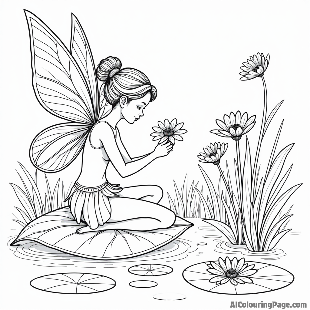 A fairy painting colorful flowers on a giant leaf while sitting in a serene pond