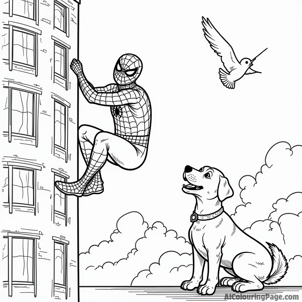 Spiderman climbing a tall building, a friendly dog looking up, birds flying around in the bright blue sky