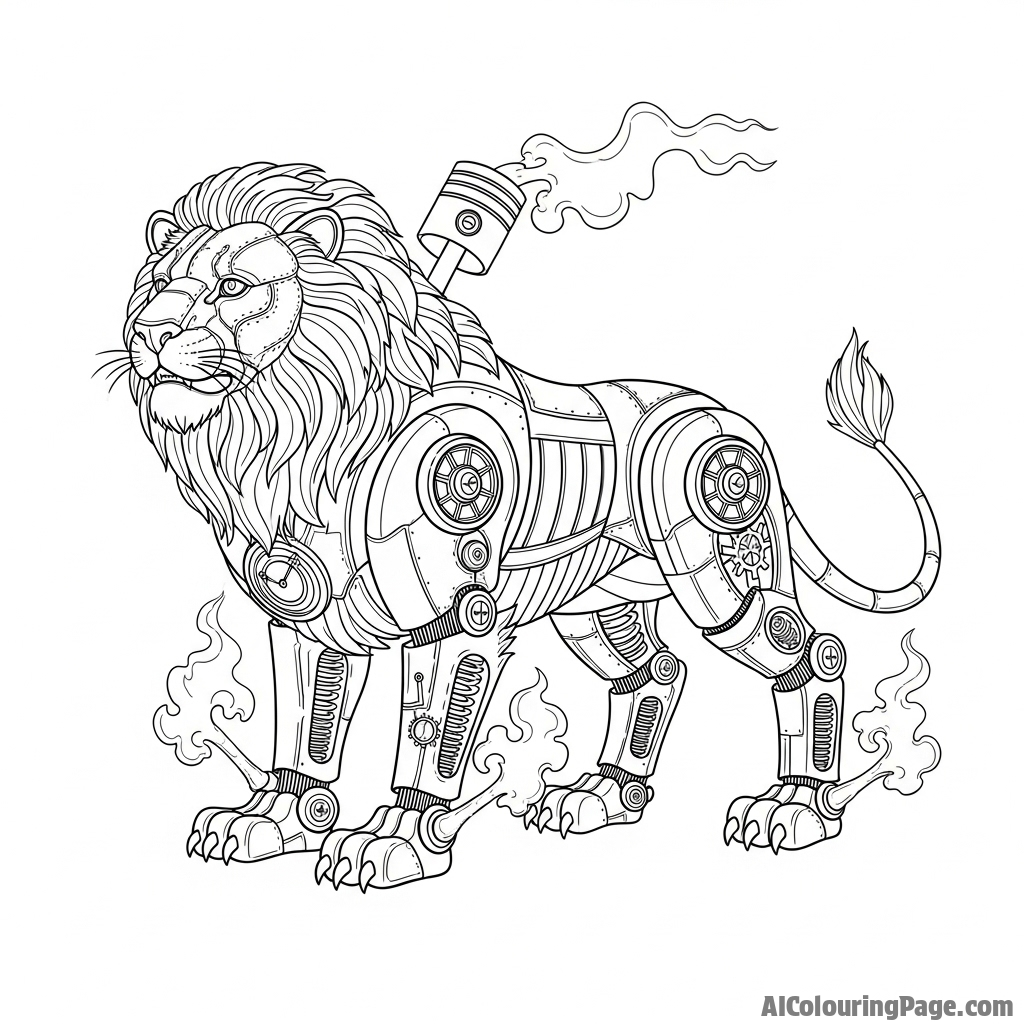 A mechanical lion with visible gears and steam venting from its joints.