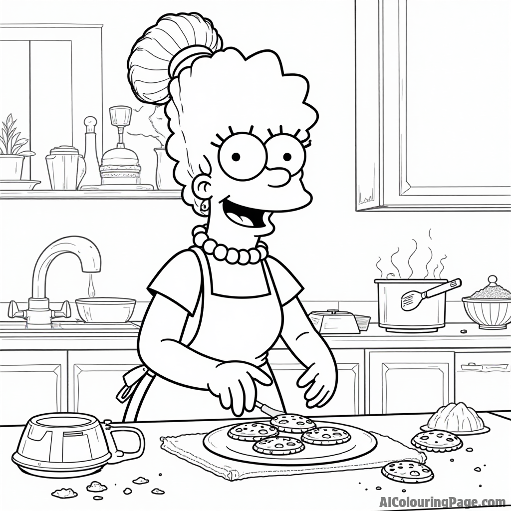 Marge Simpson baking cookies in the kitchen with flour everywhere and a warm smile on her face while wearing an apron.