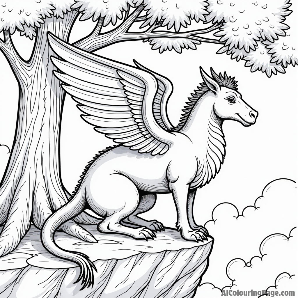 A magical creature resembling a hippogriff perched on a rocky ledge under a tree with a magical aura.