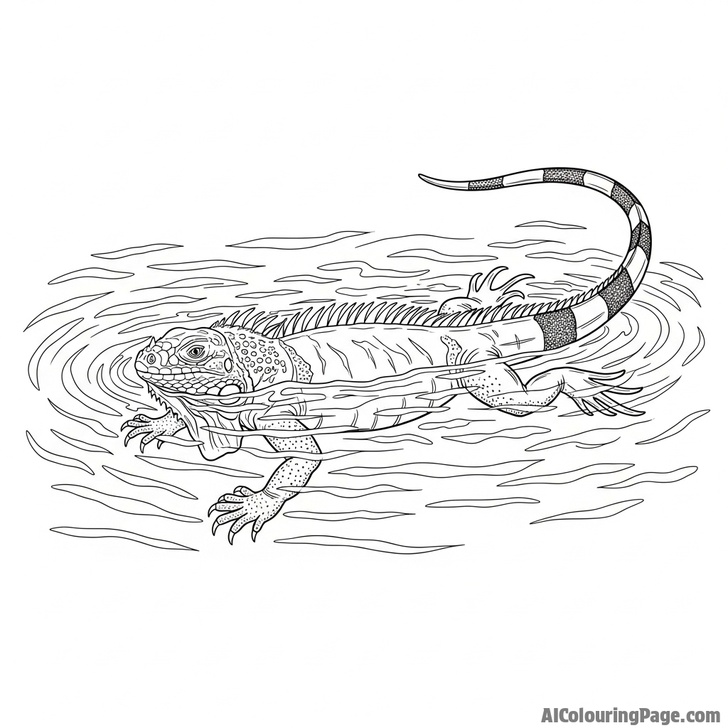 A large iguana swimming gracefully through clear, rippling water.