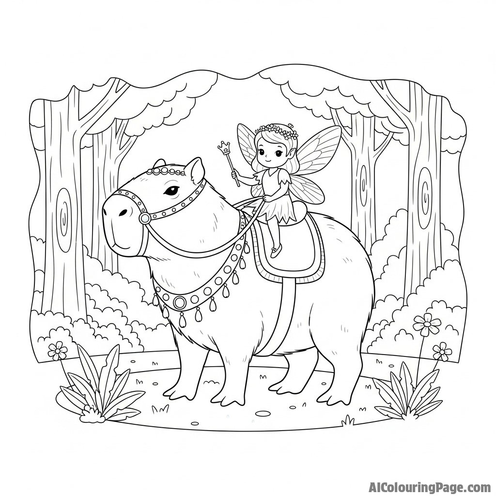 A capybara depicted as a noble steed for a fairy rider.