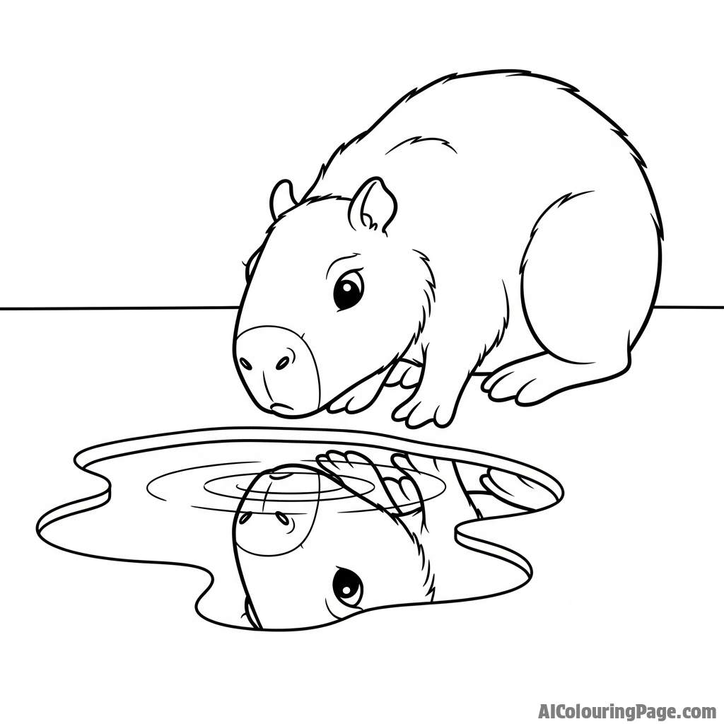 A capybara looking into a puddle, contemplating its reflection.