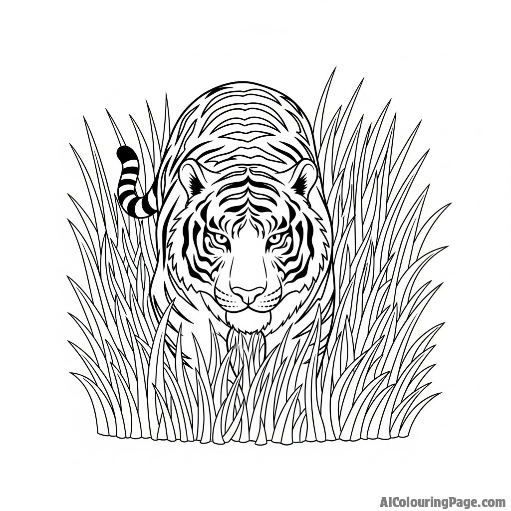A stealthy tiger moving through tall grass, only its stripes visible